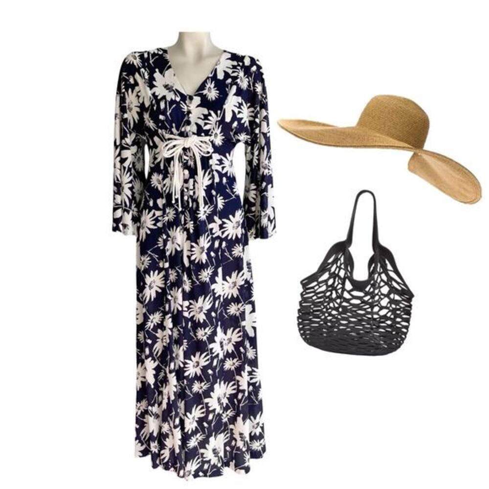 SANDCASTLE SWIMWEAR VINTAGE NAVY WHITE FLORAL COVERUP DRESS SZ S